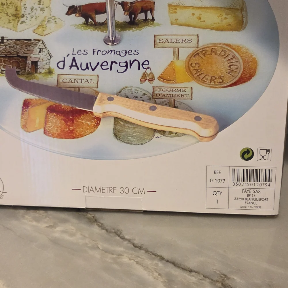 French Glass Cheese board — with knife and handle 30 Cm Diameter